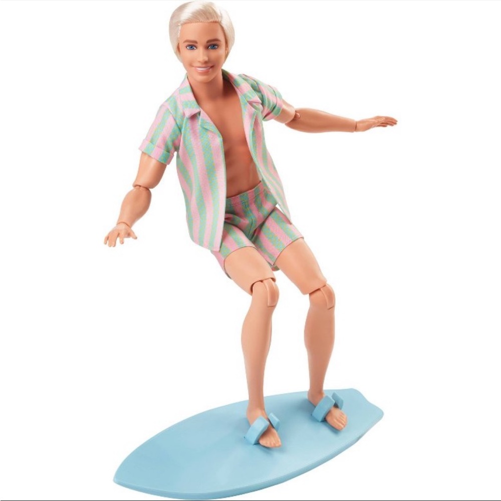 Barbie the Movie Ken Doll Wearing Pastel Striped Beach Matching Set Surfer Ken - Picture 4 of 5